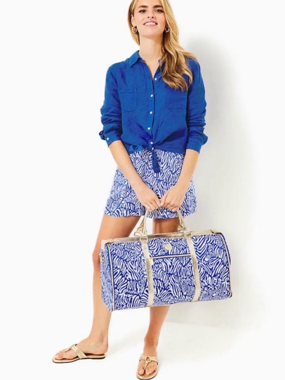 Lilly Pulitzer Blue Zebra Print Travel Duffel with Gold Trim